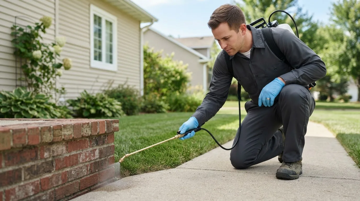 Pest control technician treating a home near Ridgeville Corners, OH